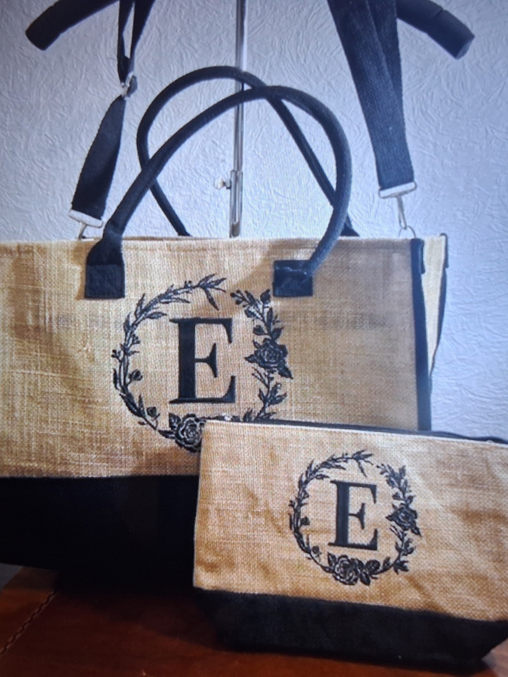 Monogram 'E' Jute Tote and Pouch Set in Natural and Black